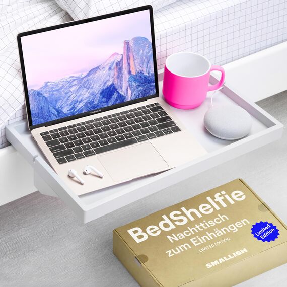 BedShelfie Nachttischregal für Etagenbetten, Essentials für Studentenwohnheime, Hochbett-Nachttisch-Organizer zum Anklipsen, Nachttisch-Tablett (Plus-Modell, Grau, Holz)