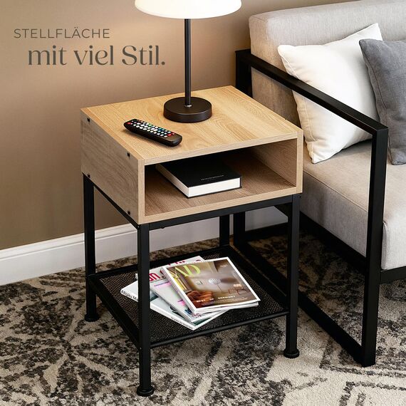 tectake® Nachttisch, Beistelltisch Couch mit offenem Fach und Gitterablage, Pflanzenständer, Möbel Deko Schlafzimmer, Nachtschrank, Wohnzimmer Möbel, Zimmer Deko - Industrial Holz hell, Eiche Sonoma