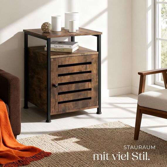tectake® Beistellschrank, Nachttisch mit Ablage, Nachtschrank aus Holz und Metall, 40,5 x 60,5 cm, Deko Schlafzimmer, Wohnzimmer, Zimmer Deko, Blumenständer - Industrial Holz dunkel, rustikal