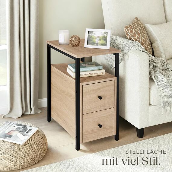tectake® Nachttisch schmal, Nachtschrank mit 2 Schubladen und 2 Ablagen, schmaler Schrank 30 x 49,5 x 61,5 cm, Nischenschrank, Nachtkästchen, Beistelltisch schmal - Industrial Holz hell, Eiche Sonoma