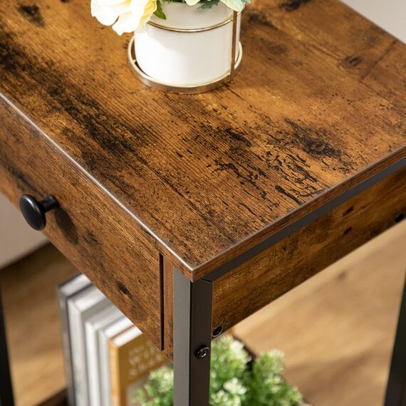 HOOBRO Beistelltisch, Nachttisch, Sofatisch mit Schublade und Ablage, Nachtkommode, Metallgestell, Robust und Stabil, Platzsparend, Dunkelbraun EBF71BZ01