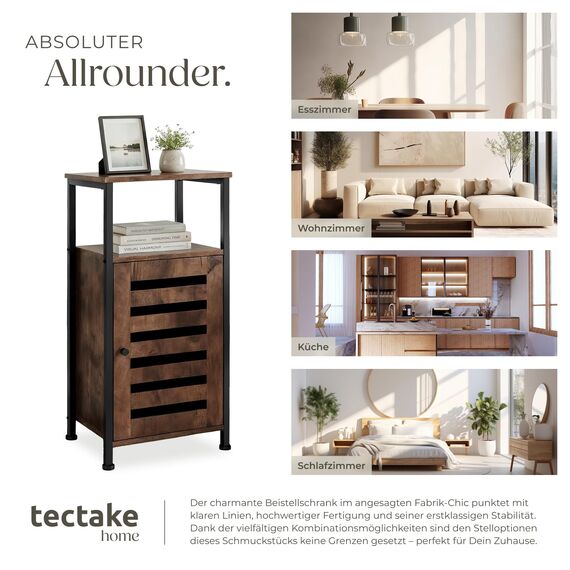 tectake® Beistellschrank schmal, Nachttisch schmal, Nachtkästchen Holz und Metall, Kleiner Schrank mit offener Ablage, Kommode klein, 38,5 x 31,5 x 81 cm - Industrial Holz dunkel, rustikal