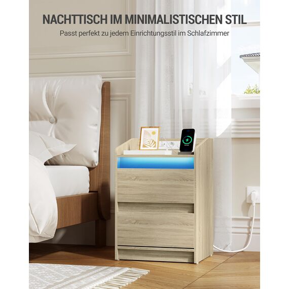 Hzuaneri Nachttische 2er Set mit LED-Lichtern, Ladestation und 2 Schubladen, Beistelltisch mit USB-Anschlüssen & Steckdosen, Stilvoll und vielseitig, für Wohnzimmer und Schlafzimmer, Eiche NS30116X