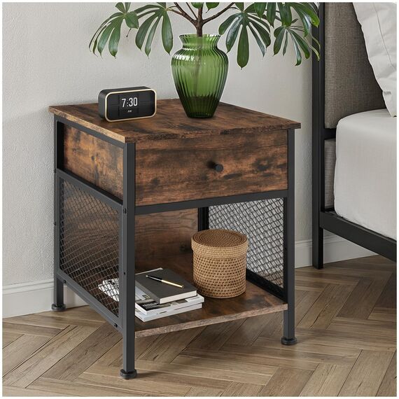 tectake® Nachttisch mit Schublade + Staufach, Nachtkommode mit Gittereinsatz, kleines Schränkchen 45 x 46 x 55,5 cm, Nachtkasten, Nachtschränkchen, Telefonschrank - Industrial Holz hell, Eiche Sonoma