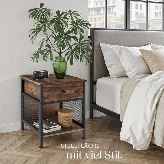 tectake® Nachttisch mit Schublade + Staufach, Nachtkommode mit Gittereinsatz, kleines Schränkchen 45 x 46 x 55,5 cm, Nachtkasten, Nachtschränkchen, Telefonschrank - Industrial Holz hell, Eiche Sonoma
