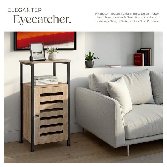 tectake® Beistellschrank schmal, Nachttisch schmal, Nachtkästchen Holz und Metall, Kleiner Schrank mit offener Ablage, Kommode klein, 38,5 x 31,5 x 81 cm - Industrial Holz hell, Eiche Sonoma