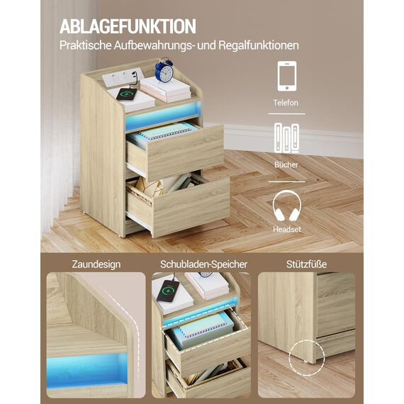 Hzuaneri Nachttische 2er Set mit LED-Lichtern, Ladestation und 2 Schubladen, Beistelltisch mit USB-Anschlüssen & Steckdosen, Stilvoll und vielseitig, für Wohnzimmer und Schlafzimmer, Eiche NS30116X