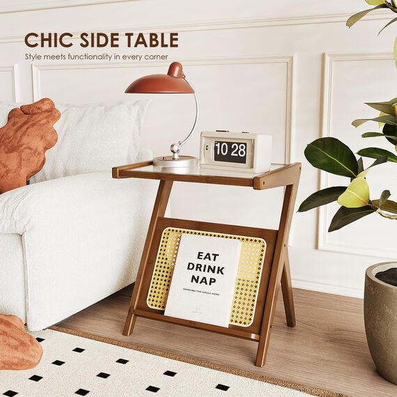 Bamworld Rattan Beistelltisch Boho Nachttisch Mitte Jahrhundert Moderner Beistelltisch Glas Nachttisch Kleine Beistelltische Bambus Couchtisch mit Stauraum Plattenspieler Ständer für Wohnzimmer
