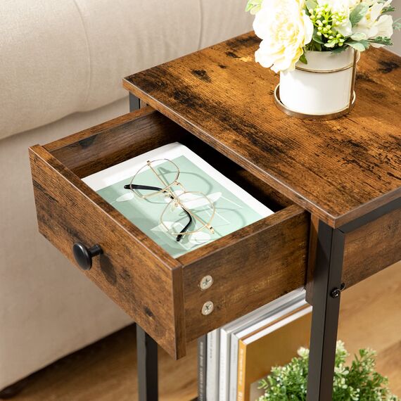 HOOBRO Beistelltisch, Nachttisch, Sofatisch mit Schublade und Ablage, Nachtkommode, Metallgestell, Robust und Stabil, Platzsparend, Dunkelbraun EBF71BZ01