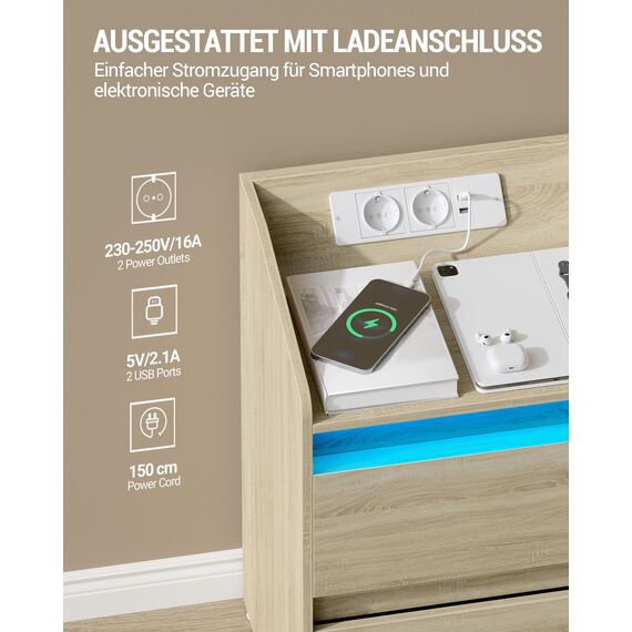 Hzuaneri Nachttische 2er Set mit LED-Lichtern, Ladestation und 2 Schubladen, Beistelltisch mit USB-Anschlüssen & Steckdosen, Stilvoll und vielseitig, für Wohnzimmer und Schlafzimmer, Eiche NS30116X