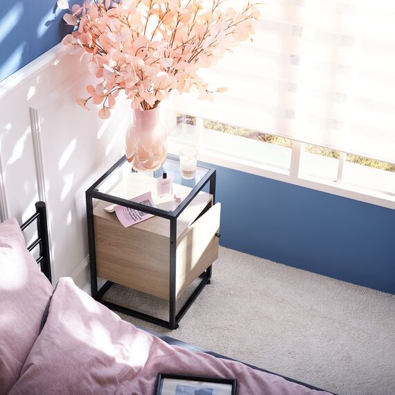 tectake® Nachttisch mit Glasplatte, 40 x 43 x 60,5 cm, Beistelltisch mit Tür, Zimmer Deko Wohnzimmer, Deko Schlafzimmer Möbel, Blumenständer, Nachtschrank, Nachtkästchen - Industrial Dunkelbraun