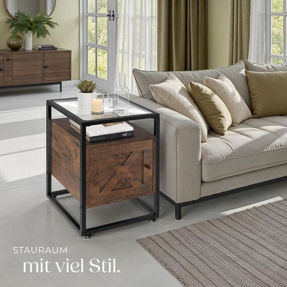 tectake® Nachttisch mit Glasoberfläche, 40x43x60,5cm, Beistelltisch Holz + Metall, Nachtschrank für Boxspringbetten, Deko Schlafzimmer Deko Wohnzimmer Nischenschrank - Industrial Holz dunkel, rustikal