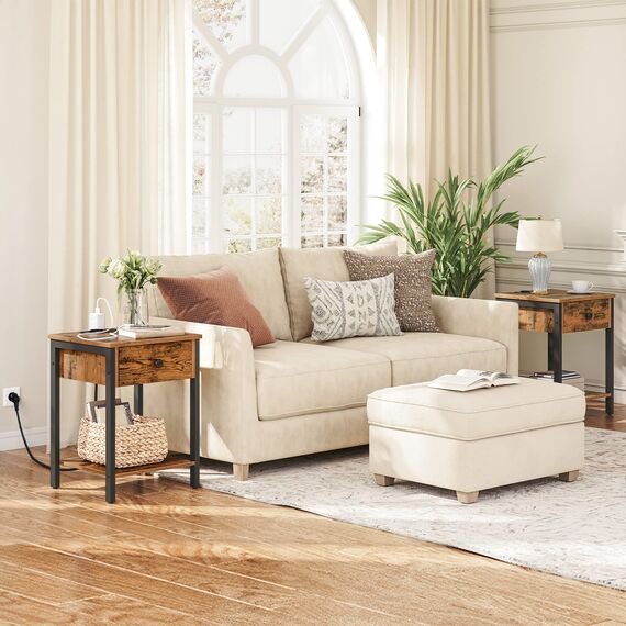 HOOBRO Nachttisch mit Ladestation und USB-Anschlüssen, Beistelltisch mit Schublade und Ablage, Nachtschrank für kleine Räume und Schlafzimmer, Vintagebraun-Schwarz EBF40CBZ01