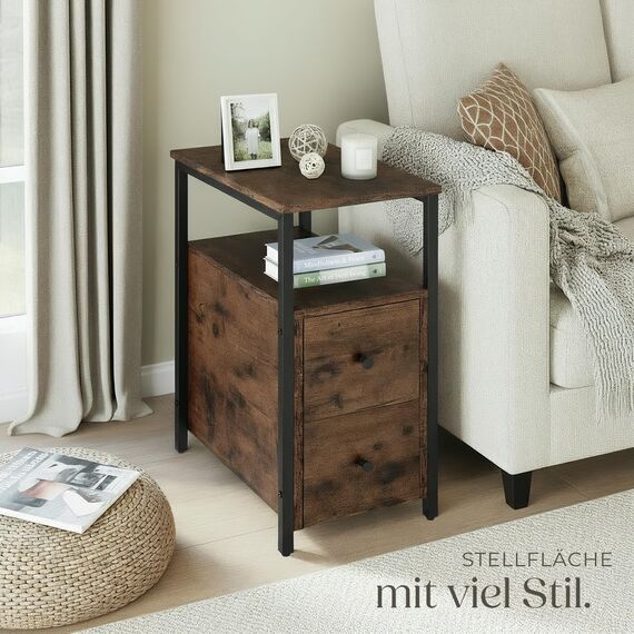 tectake® Nachttisch schmal, Nachtschrank mit 2 Schubladen und 2 Ablagen, schmaler Schrank 30 x 49,5 x 61,5 cm, Nischenschrank, Nachtkästchen, Beistelltisch schmal - Industrial dunkel, rustikal