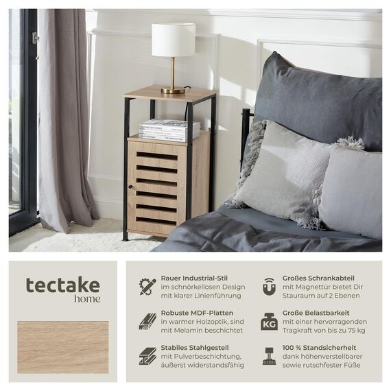 tectake® Beistellschrank schmal, Nachttisch schmal, Nachtkästchen Holz und Metall, Kleiner Schrank mit offener Ablage, Kommode klein, 38,5 x 31,5 x 81 cm - Industrial Holz hell, Eiche Sonoma