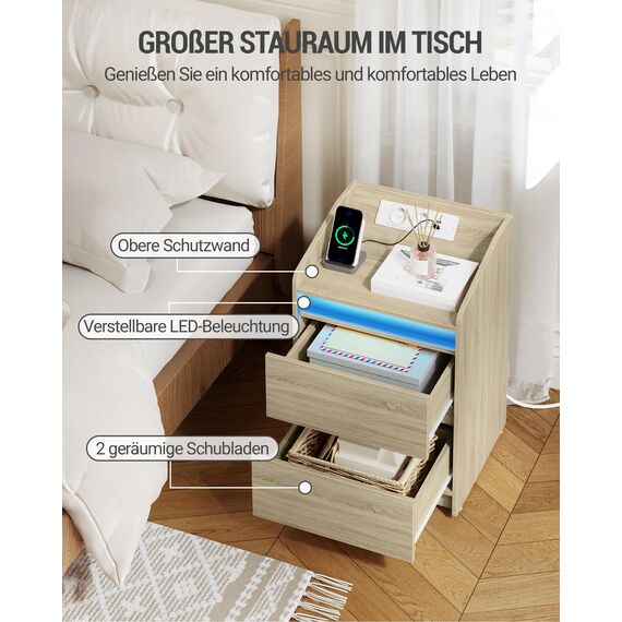 Hzuaneri Nachttische 2er Set mit LED-Lichtern, Ladestation und 2 Schubladen, Beistelltisch mit USB-Anschlüssen & Steckdosen, Stilvoll und vielseitig, für Wohnzimmer und Schlafzimmer, Eiche NS30116X