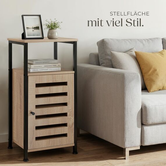 tectake® Beistellschrank schmal, Nachttisch schmal, Nachtkästchen Holz und Metall, Kleiner Schrank mit offener Ablage, Kommode klein, 38,5 x 31,5 x 81 cm - Industrial Holz hell, Eiche Sonoma
