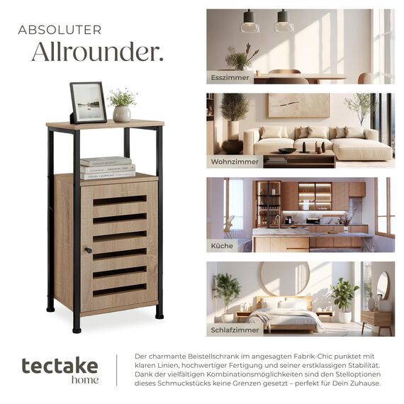 tectake® Beistellschrank schmal, Nachttisch schmal, Nachtkästchen Holz und Metall, Kleiner Schrank mit offener Ablage, Kommode klein, 38,5 x 31,5 x 81 cm - Industrial Holz hell, Eiche Sonoma