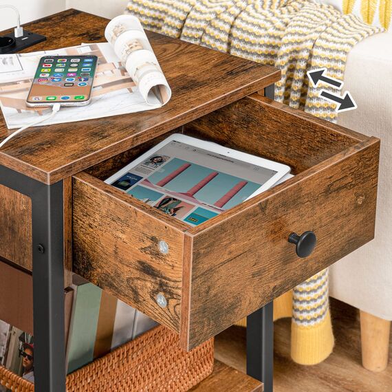 HOOBRO Nachttisch mit Ladestation und USB-Anschlüssen, Beistelltisch mit Schublade und Ablage, Nachtschrank für kleine Räume und Schlafzimmer, Vintagebraun-Schwarz EBF40CBZ01