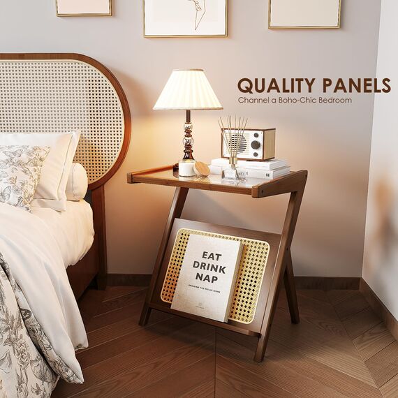 Bamworld Rattan Beistelltisch Boho Nachttisch Mitte Jahrhundert Moderner Beistelltisch Glas Nachttisch Kleine Beistelltische Bambus Couchtisch mit Stauraum Plattenspieler Ständer für Wohnzimmer