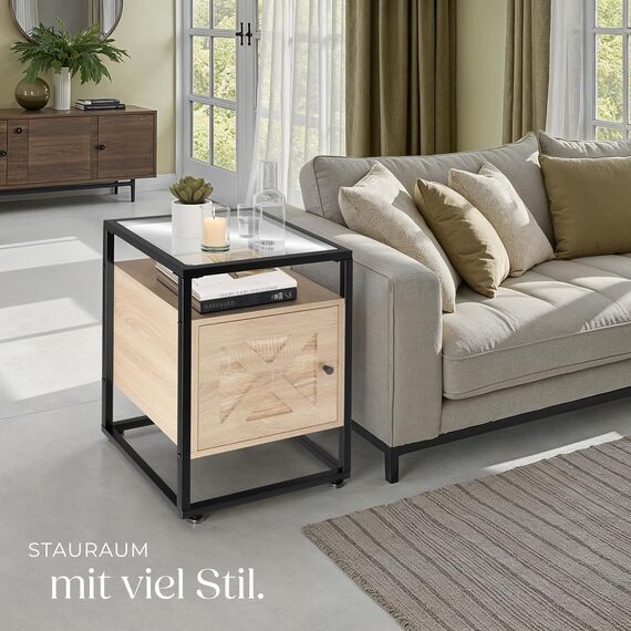tectake® Nachttisch mit Glasoberfläche, 40 x 43 x 60,5 cm, Beistelltisch Holz + Metall, Nachtschrank für Boxspringbetten, Deko Schlafzimmer, Deko Wohnzimmer - Industrial Holz hell, Eiche Sonoma