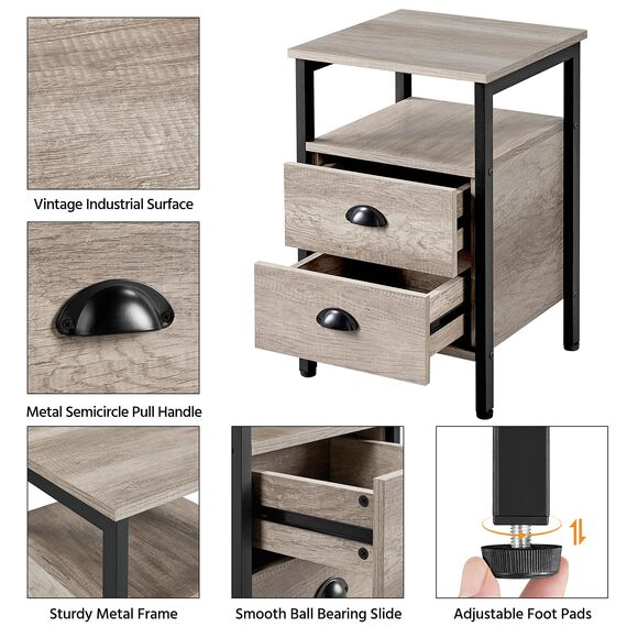 Yaheetech Nachttisch 2er Set Nachtschrank Nachtkommode mit Schubladen und Ablagefach Metallgestell Beistelltisch Couchtisch für Wohnzimmer, Schlafzimmer, Grau