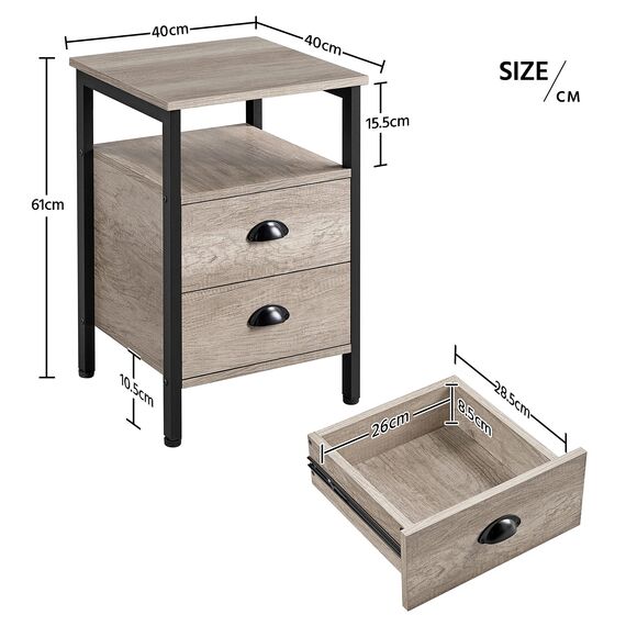 Yaheetech Nachttisch 2er Set Nachtschrank Nachtkommode mit Schubladen und Ablagefach Metallgestell Beistelltisch Couchtisch für Wohnzimmer, Schlafzimmer, Grau