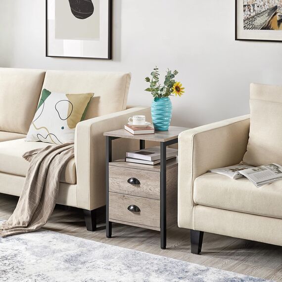 Yaheetech Nachttisch 2er Set Nachtschrank Nachtkommode mit Schubladen und Ablagefach Metallgestell Beistelltisch Couchtisch für Wohnzimmer, Schlafzimmer, Grau