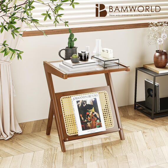 Bamworld Rattan Beistelltisch Boho Nachttisch Mitte Jahrhundert Moderner Beistelltisch Glas Nachttisch Kleine Beistelltische Bambus Couchtisch mit Stauraum Plattenspieler Ständer für Wohnzimmer