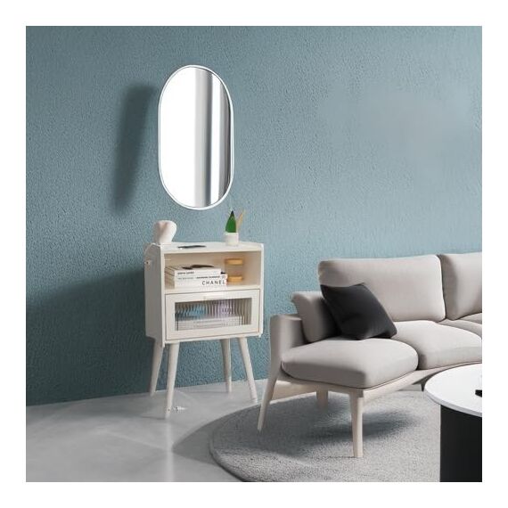 Mid Century Moderner Nachttisch mit Ladestation, Nachttische mit Glasschublade, Beistelltisch mit 2 Etagen Stauraum, für Schlafzimmer, Wohnzimmer, Weiß