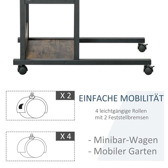 HOMCOM Beistelltisch Couchtisch mit Rollen, Höhenverstellbarer Schreibtisch mit 2 unteren Regalen, Sofatisch Laptoptisch, Betttisch, für Esszimmer Wohnzimmer, Metall, Braun, 80x40x72-82 cm