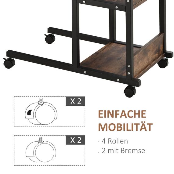 HOMCOM Beistelltisch Couchtisch mit Rollen, Höhenverstellbarer Schreibtisch mit 2 unteren Regalen, Sofatisch Laptoptisch, Betttisch, für Esszimmer Wohnzimmer, Metall, Rustikal-Braun, 80x40x72-82 cm