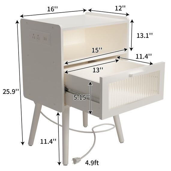 Mid Century Moderner Nachttisch mit Ladestation, Nachttische mit Glasschublade, Beistelltisch mit 2 Etagen Stauraum, für Schlafzimmer, Wohnzimmer, Weiß