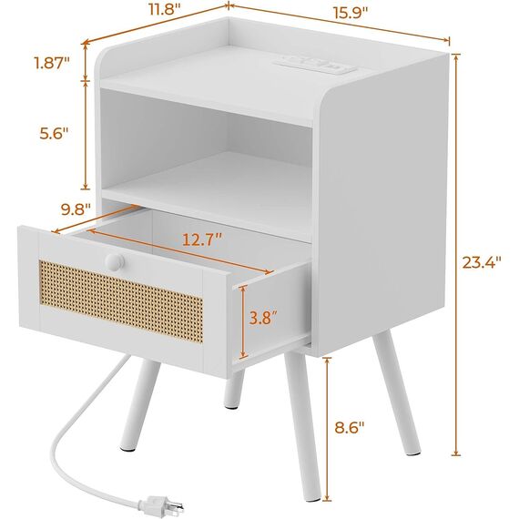 SUPERJARE Nachttisch mit Ladestation & Rattanähnliche Dekorschublade, Rattan-Beistelltisch mit Massivholzfüßen, Bett-Beistelltisch mit offenem Stauraum, für Schlafzimmer, Wohnzimmer, Schlafsaal - Weiß