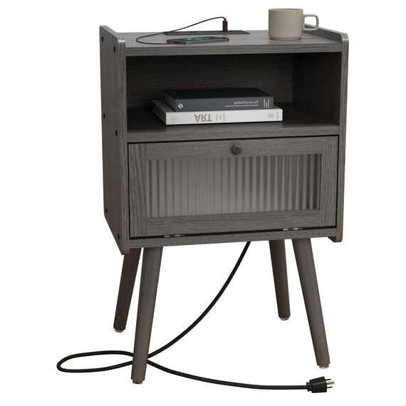 Mid Century Moderner Nachttisch mit Ladestation, Nachttische mit Glastür, Beistelltisch mit 2 Etagen Stauraum, für Schlafzimmer, Wohnzimmer, Dunkelgrau