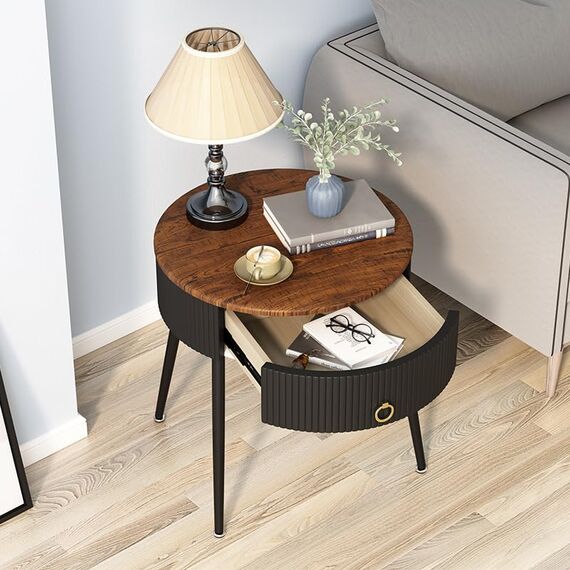 OIOG Beistelltische 2er-Set, runder Nachttisch mit Schublade, moderner Nachttisch für kleinen Raum, Wohnzimmer, Schlafzimmer, Büro, Wohnheim, rustikales Braun und Schwarz