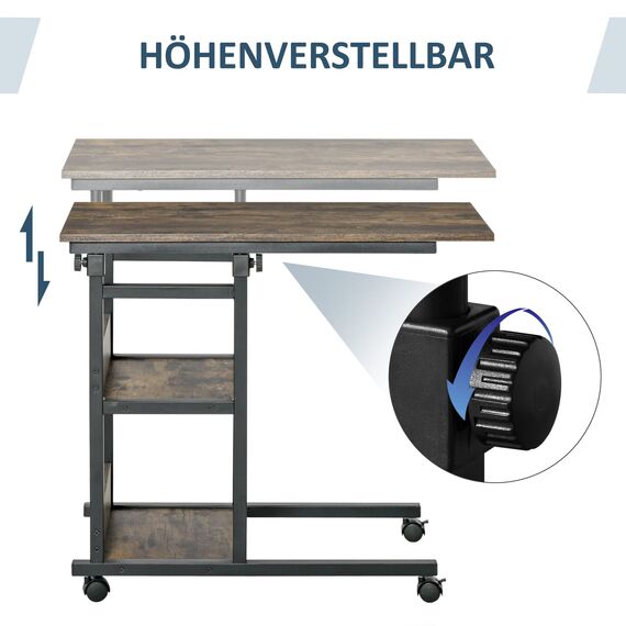 HOMCOM Beistelltisch Couchtisch mit Rollen, Höhenverstellbarer Schreibtisch mit 2 unteren Regalen, Sofatisch Laptoptisch, Betttisch, für Esszimmer Wohnzimmer, Metall, Braun, 80x40x72-82 cm
