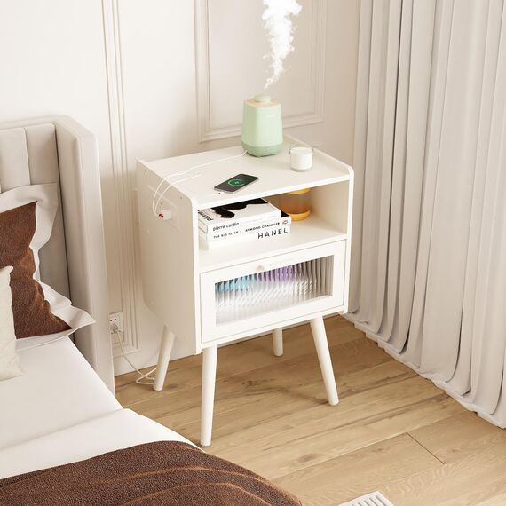 Mid Century Moderner Nachttisch mit Ladestation, Nachttische mit Glasschublade, Beistelltisch mit 2 Etagen Stauraum, für Schlafzimmer, Wohnzimmer, Weiß