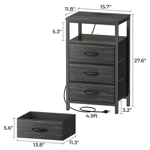 Huuger Nachttisch mit Ladestation, 27,6 Zoll Beistelltisch Nachttisch mit USB-Anschlüssen und Steckdosen, Nachttisch für Schlafzimmer, Stoffschubladen, Holzkohleschwarz Holzmaserung Druck