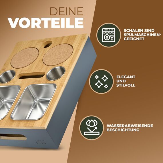 Cascalino's® Couchbar Snackbox mit 2+2 Snackschalen aus Edelstahl - Sofatablett aus Holz | Sofa Organizer mit Getränkehalter | Couch Tablett Holz, Couch bar, Sofa Butler, Couch Organizer, Tablett