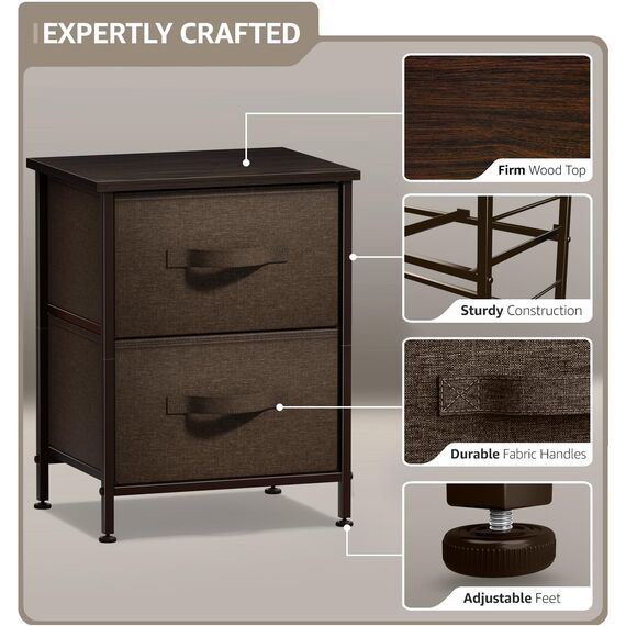 Sorbus Nachttisch mit 2 Schubladen – Nachttisch Möbel & Nachttisch Beistelltisch Kommode für Zuhause, Schlafzimmerzubehör, Büro, Studentenwohnheim, Holzplatte, leicht zu ziehende Stoffkörbe