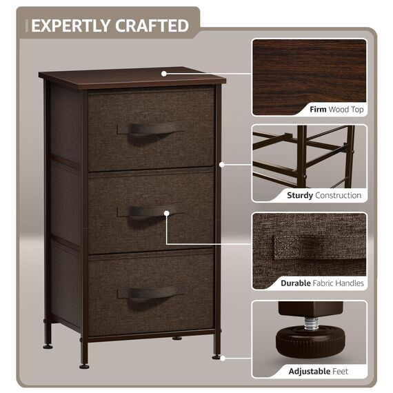 Sorbus Nachttisch mit 3 Schubladen – Nachttischmöbel & Akzentbeistelltisch Aufbewahrungsturm für Zuhause, Schlafzimmerzubehör, Büro, Holzplatte, leicht zu ziehende Stoffkörbe (braun)