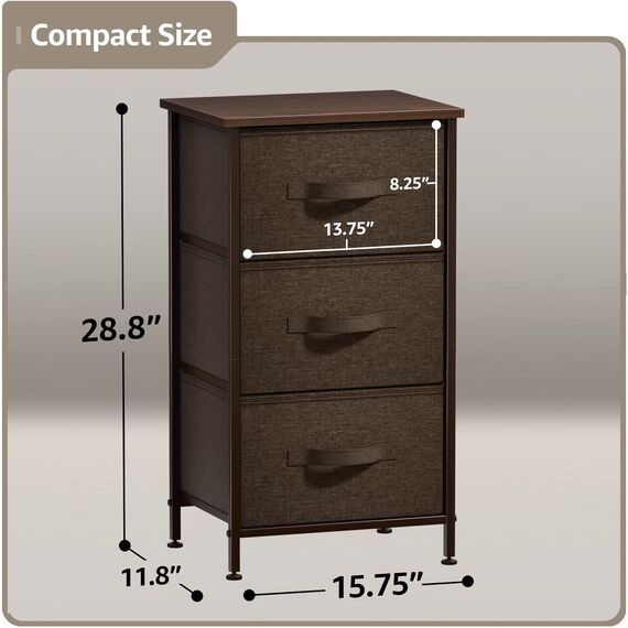 Sorbus Nachttisch mit 3 Schubladen – Nachttischmöbel & Akzentbeistelltisch Aufbewahrungsturm für Zuhause, Schlafzimmerzubehör, Büro, Holzplatte, leicht zu ziehende Stoffkörbe (braun)