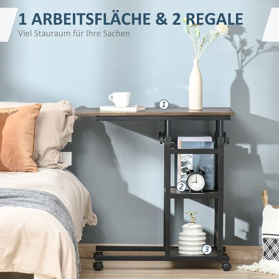 HOMCOM Beistelltisch Couchtisch mit Rollen, Höhenverstellbarer Schreibtisch mit 2 unteren Regalen, Sofatisch Laptoptisch, Betttisch, für Esszimmer Wohnzimmer, Metall, Braun, 80x40x72-82 cm