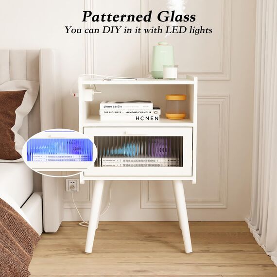 Mid Century Moderner Nachttisch mit Ladestation, Nachttische mit Glasschublade, Beistelltisch mit 2 Etagen Stauraum, für Schlafzimmer, Wohnzimmer, Weiß