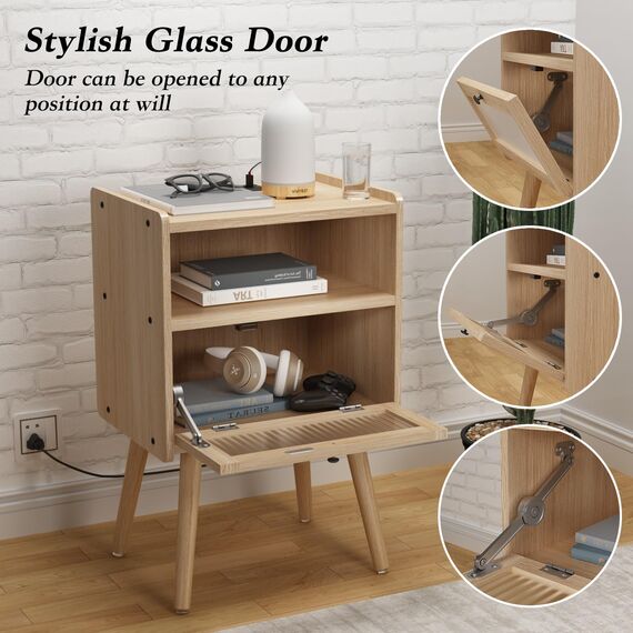 Mid Century Moderner Nachttisch mit Ladestation, Nachttische mit Glastür, Beistelltisch mit 2 Etagen Stauraum, für Schlafzimmer, Wohnzimmer, Natur