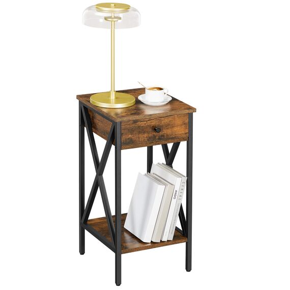 VASAGLE Nachttisch, Sofa-Ende, Beistelltisch, Nachttisch, hoch, mit Schublade und Ablagefach, industrieller Stil, rustikales Braun und Schwarz LET501B01