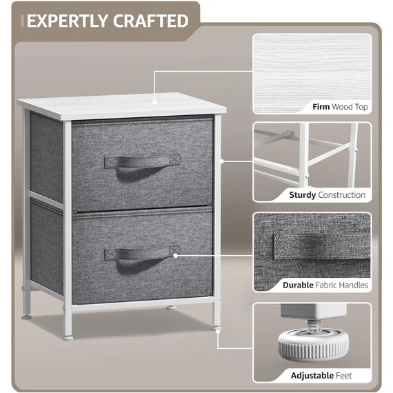 Sorbus Nachttisch mit 2 Schubladen – Nachttisch Möbel & Nachttisch Beistelltisch Kommode für Zuhause, Schlafzimmerzubehör, Büro, Holzplatte, leicht zu ziehende Stoffkörbe (weiß/grau)