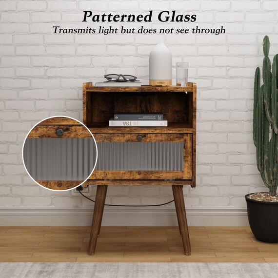 Mid Century Moderner Nachttisch mit Ladestation, Nachttische mit Glastür, Beistelltisch mit 2 Etagen Stauraum, für Schlafzimmer, Wohnzimmer, Braun