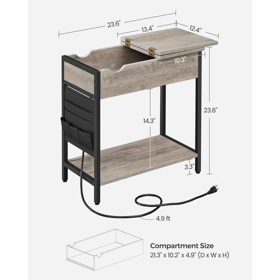 VASAGLE Beistelltisch mit Stauraum, Beistelltisch mit USB-Anschlüssen und Ausgängen, Nachttisch mit Ladestation, Stofftaschen, für Wohnzimmer, Schlafzimmer, Greige und Schwarz ULET310B02